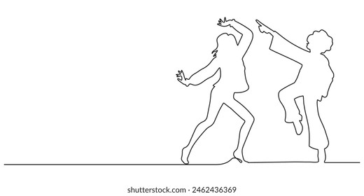 Ilustración vectorial en línea continua estilo de personas bailando. Fondo blanco.