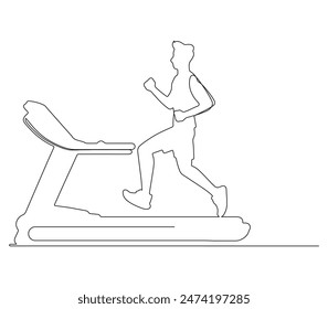 vector illustration in continuous line style of a man running on a treadmill, white background.