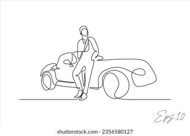 vector illustration continuous line of stylish people in front of car