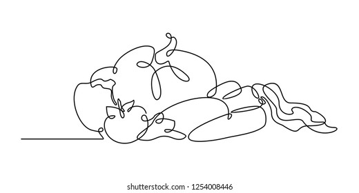 
Vector illustration of a continuous line of vegetables, Pumpkin, cabbage, tomato, eggplant, carrot, drawn by one line. An illustration of healthy, vegetarian food.