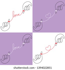 Vector Illustration, Continuous one line drawing, Hands connected by the red string of fate on white and violet background