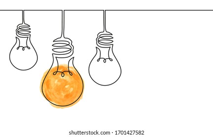 Vector illustration of continuous one line drawing of hanging shining electric light bulbs. Creative concept of idea, business