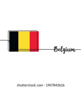 Vector illustration. Continuous one line drawing of the Belgium flag.Flag of the Belgium and lettering Belgium