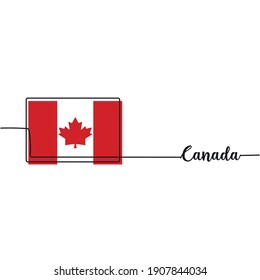 Vector illustration. Continuous one line drawing of the Canada flag.Flag of the Canada and lettering Canada