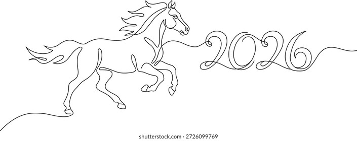 Ilustración vectorial del dibujo continuo de una línea de un caballo al galope y 2026. Diseño de Vector minimalista con trazo editable. Concepto de Año Nuevo chino, Año del Caballo