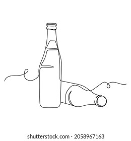 Vector illustration continuous one single line drawing of beer bottles in silhouette on a white background. Linear stylized.