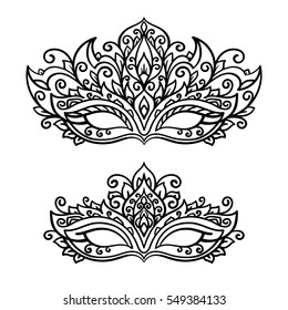 vector, illustration, contor, mask, set, holiday, carnival, masquerade, Mardi Gras, coloring page