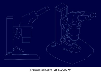 Vector illustration contour 3d set microscope science lab magnify tool. Isometric, side view