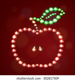 Vector illustration: contour apple with seeds, scape and leaf made of red, brown and green crystals on dark red background 
