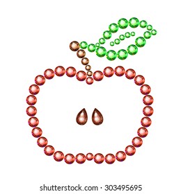 Vector illustration: contour apple with  seeds, scape and leaf made of red, brown and green crystals isolated on white background 
