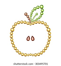 Vector illustration: contour apple with  seeds, scape and leaf made of yellow, brown and green crystals isolated on white background 