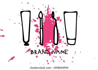 Vector illustration of a contour brush and a tube of paint, a palette knife on pink paint splash. Lettering Brand name. Objects for advertising an art store for artists, for online advertising, for