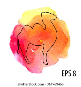 Vector illustration of contour camel with watercolor style background