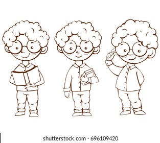 Vector illustration of contour characters, cheerful boy with a book. Cartoon image of a student. School time.