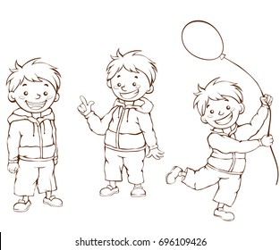 Vector illustration of contour characters, cheerful boy with a balloon. Cartoon image of a student. School time.