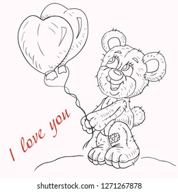 vector illustration of contour coloring for children little boy bear holding balloons in the paws in the form of a heart