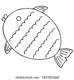 Vector illustration. Contour of cute fish isolated on white. Hand drawn simple doodle clipart. Marine life theme. Lineart in a trendy minimalistm style. For food banner, poster, collage, baby project.
