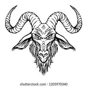 Vector illustration with a contour drawing of the head of a horned goat. The symbol of Satanism Baphomet on white background