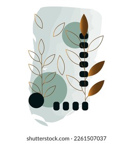 Vector illustration of a contour drawing of a twig with brown leaves on a background of a watercolor gray-green spot and circles of light and dark emerald color.