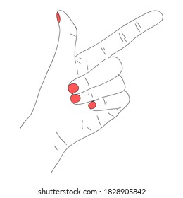 Vector illustration. Contour of elegant arm with red nails isolated on white. Hand drawn simple doodle lineart. Wrist. Line art in a trendy minimalist style. For banner, poster, logo, social media.