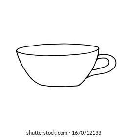 Vector illustration. Contour of empty cup for tea or coffee Isolated on white. Hand drawn simple mug doodle clipart. Line art in a trendy minimalist style. 