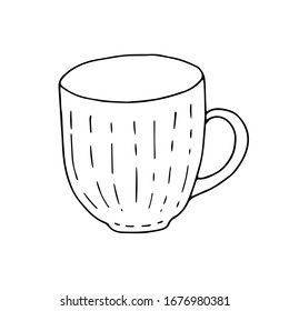 Vector illustration. Contour of empty cup for tea or coffee Isolated on white. Hand drawn simple mug doodle clipart. Line art in a trendy minimalist style. Logo, social media Highlight Cover, icon.