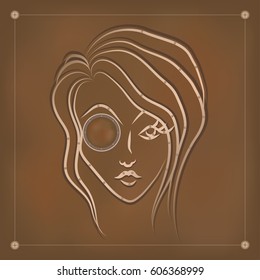 Vector illustration of the contour face of steampunk lady with monocle on the brown mesh-background as a rusty iron.