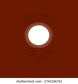 Vector illustration. The contour of the hands. The sun in your hands. Seance. Fortune teller's ball. Esoteric art. Magic.