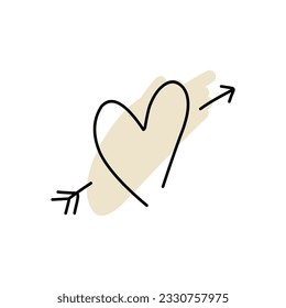 Vector illustration contour heart with arrow in cartoon style for card, sticker, postcard and print