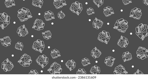 Vector illustration. Contour pattern. Cakes, donuts, croissants, macarons in sketch style. Hand drawn food elements. Desserts and sweets food doodle background with copy space for text.