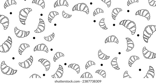 Vector illustration. Contour pattern. Cakes, donuts, croissants, macarons in sketch style. Hand drawn food elements. Desserts and sweets food doodle background with copy space for text.