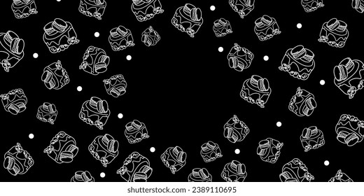 Vector illustration. Contour pattern. Cakes, donuts, croissants, macarons in sketch style. Hand drawn food elements. Desserts and sweets food doodle background with copy space for text.