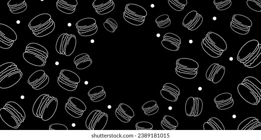 Vector illustration. Contour pattern. Cakes, donuts, croissants, macarons in sketch style. Hand drawn food elements. Desserts and sweets food doodle background with copy space for text.