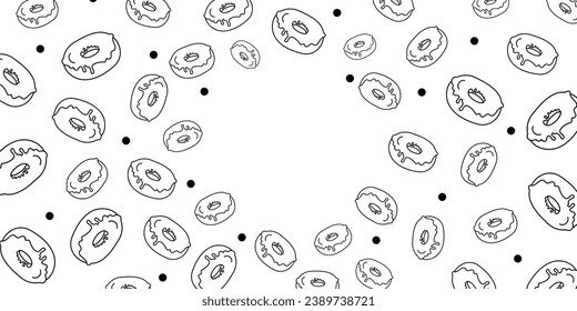 Vector illustration. Contour pattern. Cakes, donuts, croissants, macarons in sketch style. Hand drawn food elements. Desserts and sweets food doodle background with copy space for text.