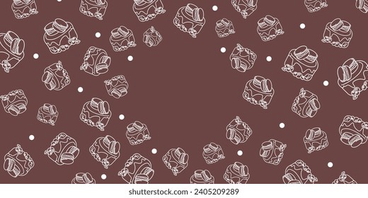 Vector illustration. Contour pattern. Cakes, donuts, croissants, macarons in sketch style. Hand drawn food elements. Desserts and sweets food doodle background with copy space for text.