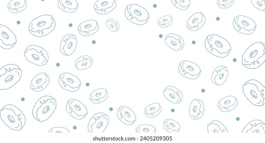 Vector illustration. Contour pattern. Cakes, donuts, croissants, macarons in sketch style. Hand drawn food elements. Desserts and sweets food doodle background with copy space for text.