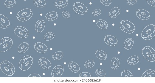 Vector illustration. Contour pattern. Cakes, donuts, croissants, macarons in sketch style. Hand drawn food elements. Desserts and sweets food doodle background with copy space for text.