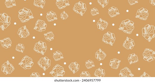 Vector illustration. Contour pattern. Cakes, donuts, croissants, macarons in sketch style. Hand drawn food elements. Desserts and sweets food doodle background with copy space for text.