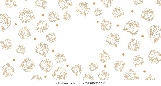 Vector illustration. Contour pattern. Cakes, donuts, croissants, macarons in sketch style. Hand drawn food elements. Desserts and sweets food doodle background with copy space for text.