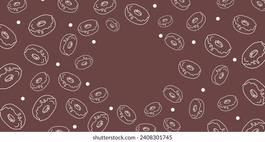 Vector illustration. Contour pattern. Cakes, donuts, croissants, macarons in sketch style. Hand drawn food elements. Desserts and sweets food doodle background with copy space for text.