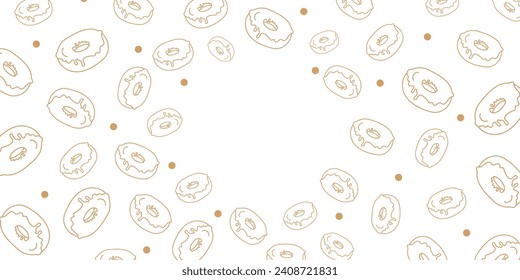 Vector illustration. Contour pattern. Cakes, donuts, croissants, macarons in sketch style. Hand drawn food elements. Desserts and sweets food doodle background with copy space for text.