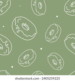 Vector illustration. Contour seamless pattern. Donuts in sketch style. Hand drawn food elements. Desserts and sweets festive pattern for textiles, wallpaper, packaging, wrapping paper.