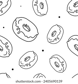 Vector illustration. Contour seamless pattern. Donuts in sketch style. Hand drawn food elements. Desserts and sweets festive pattern for textiles, wallpaper, packaging, wrapping paper.