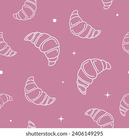 Vector illustration. Contour seamless pattern with cute croissant sketch style. Hand drawn food elements. Desserts and sweets festive pattern for textiles, wallpaper, packaging, wrapping paper.