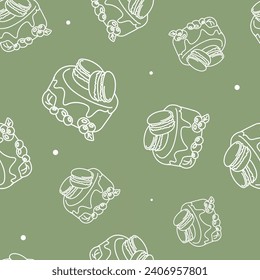 Vector illustration. Contour seamless pattern. Cakes, macaroons in sketch style. Hand drawn food elements. Desserts and sweets festive pattern for textiles, wallpaper, packaging, wrapping paper.