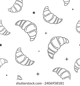 Vector illustration. Contour seamless pattern with cute croissant sketch style. Hand drawn food elements. Desserts and sweets festive pattern for textiles, wallpaper, packaging, wrapping paper.