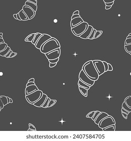 Vector illustration. Contour seamless pattern with cute croissant sketch style. Hand drawn food elements. Desserts and sweets festive pattern for textiles, wallpaper, packaging, wrapping paper.