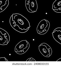 Vector illustration. Contour seamless pattern. Donuts in sketch style. Hand drawn food elements. Desserts and sweets festive pattern for textiles, wallpaper, packaging, wrapping paper.