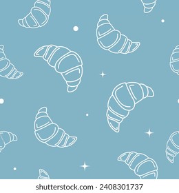 Vector illustration. Contour seamless pattern with cute croissant sketch style. Hand drawn food elements. Desserts and sweets festive pattern for textiles, wallpaper, packaging, wrapping paper.