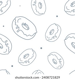 Vector illustration. Contour seamless pattern. Donuts in sketch style. Hand drawn food elements. Desserts and sweets festive pattern for textiles, wallpaper, packaging, wrapping paper.